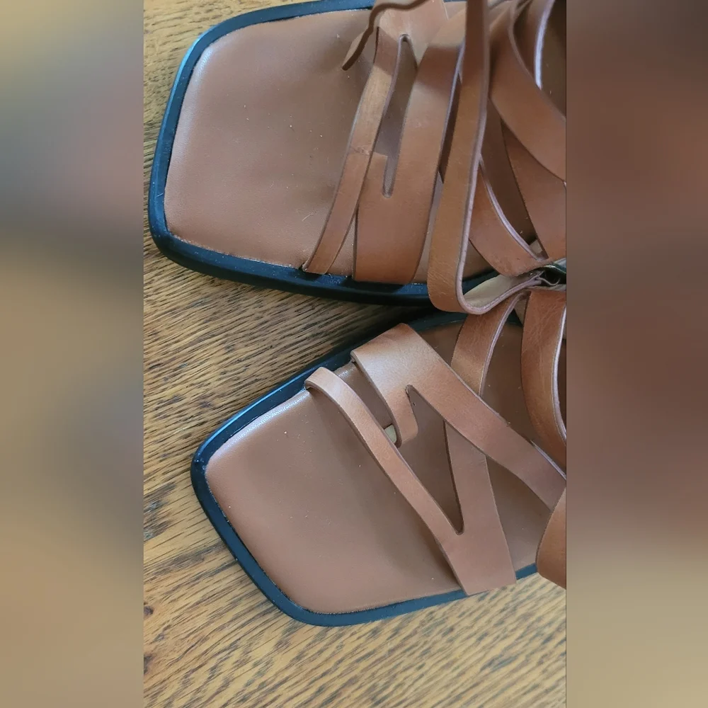 Jeffrey Campbell "Impulsive" Tan Strappy Heels With Bronze Metal Heel - Picture 6 of 8